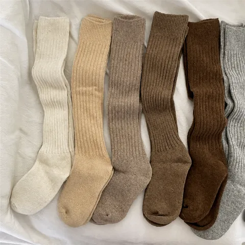 Women Winter Thickened Wool Blend Socks Japanese Retro Ribbed Solid Color Crew Socks Thermal Long Boot Socks