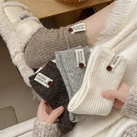 Calze Al Polpaccio In Lana Invernali Da Donna Vintage Tinta Unita Calze Termiche Casual Con Etichetta In Tessuto E Bottoni In Legno