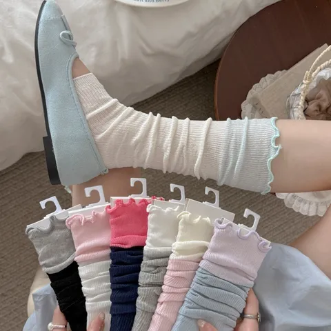 Women Minimalist Color Block Ruffle Stacked Leg Warmers Spring Summer Thin Cotton Breathable Ballet Style Socks Accessories