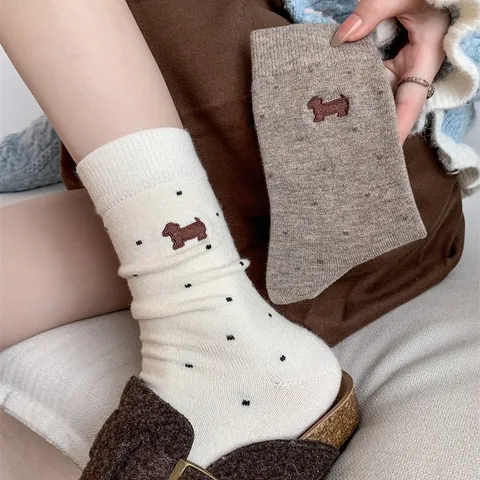 Calze Invernali Calde e Ispessite in Lana e Cashmere da Donna Simpatico Ricamo di Bassotto Pois Calze Casual a Mezza Gamba