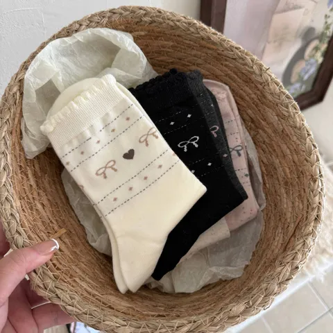 Calze a Metà Polpaccio da Donna Stile Coreano Cuore Fiocco Fair Isle Dolci Casual Misto Cotone Comode Quotidiane
