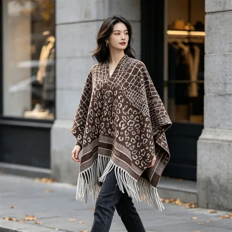 Women Fashion Leopard Print Knitted Cloak Shawl V Neck Open Front Tassel Poncho Casual Warm Winter Outerwear