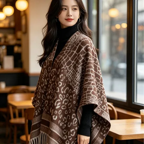 Women Fashion Leopard Print Knitted Cloak Shawl V Neck Open Front Tassel Poncho Casual Warm Winter Outerwear
