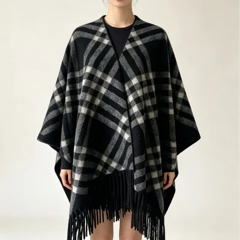 Women Fall Winter Fringe Plaid Shawl Warm Casual Cape Scarf Outerwear Blended Fabric Twill Fashion Design