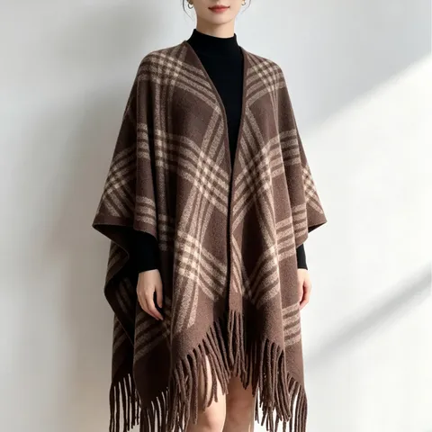 Women Fall Winter Fringe Plaid Shawl Warm Casual Cape Scarf Outerwear Blended Fabric Twill Fashion Design