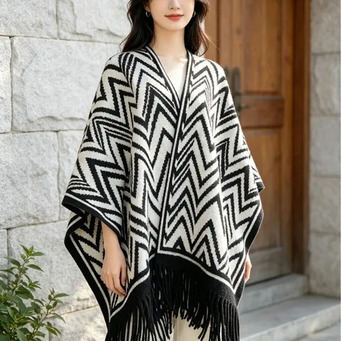 Scialle Chevron in Finta Cashmere da Donna Mantella Calda Ispessita Frangia Casual Autunno Inverno Nappa Coperta Sciarpa