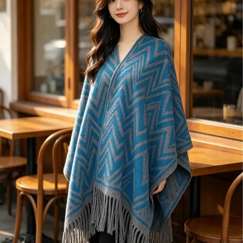Scialle Chevron in Finta Cashmere da Donna Mantella Calda Ispessita Frangia Casual Autunno Inverno Nappa Coperta Sciarpa