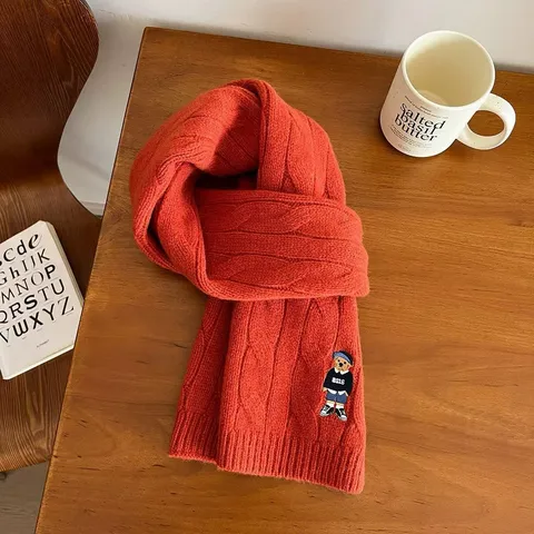 Winter Warm Knit Scarf For Women Men Classic Cable Knit Long Neck Scarf With Cute Bear Embroidery Couple Casual Winter Neckwear