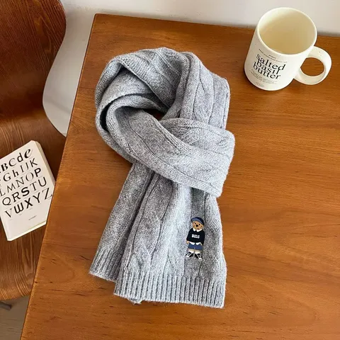 Winter Warm Knit Scarf For Women Men Classic Cable Knit Long Neck Scarf With Cute Bear Embroidery Couple Casual Winter Neckwear