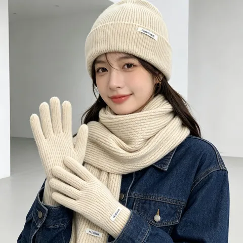Women Winter Warm Knit Hat Scarf And Gloves Set Thickened Solid Color Core-Spun Yarn Beanie Scarf Cold Weather Gear