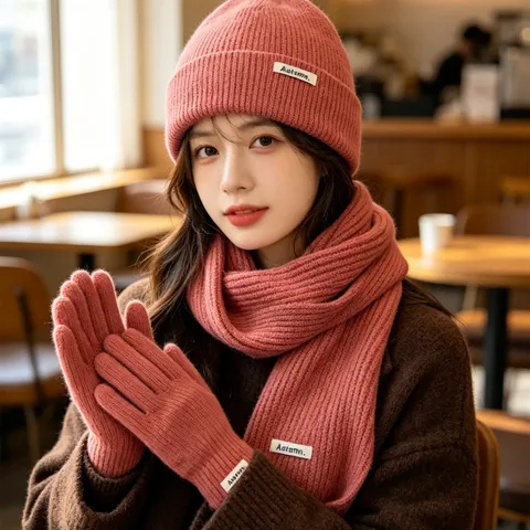 Women Winter Warm Knit Hat Scarf And Gloves Set Thickened Solid Color Core-Spun Yarn Beanie Scarf Cold Weather Gear