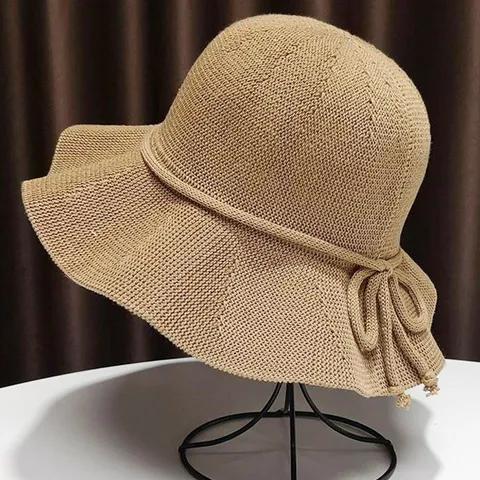 Women Summer Breathable Knitted Sun Hat Casual Wide Brim Fisherman Hat Foldable Bow Wave Basin Hat Beach Cap