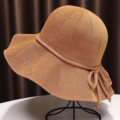 Women Summer Breathable Knitted Sun Hat Casual Wide Brim Fisherman Hat Foldable Bow Wave Basin Hat Beach Cap