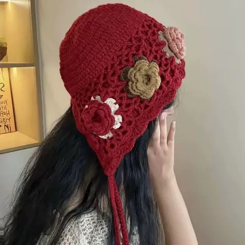 Damen Handgemachte Gestrickte Mütze Ethno Stil Blumen Quaste Häkeln Warme Wintermütze Lässige Retro Kopfbedeckung