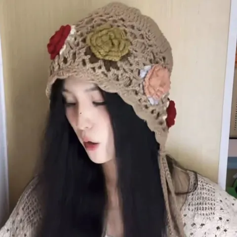 Damen Handgemachte Gestrickte Mütze Ethno Stil Blumen Quaste Häkeln Warme Wintermütze Lässige Retro Kopfbedeckung
