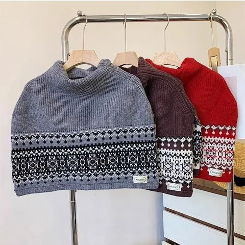 Fair Isle Retro High Neck Split Knit Scarf Women Winter Warm Thermal Neck Warmer Fashion Casual Pullover Shawl