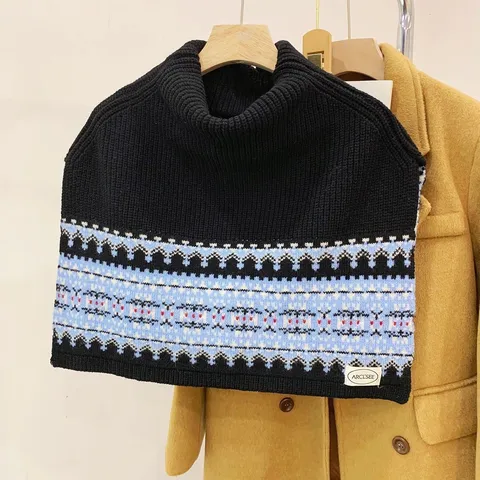 Fair Isle Retro High Neck Split Knit Scarf Women Winter Warm Thermal Neck Warmer Fashion Casual Pullover Shawl