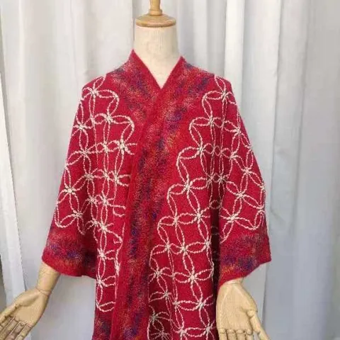Donna Primavera Estate Mantella Lavorata a Maglia Scialle Stile Etnico Motivo Trifoglio Onde Colorate Capispalla