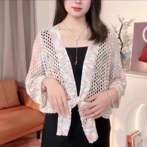 Vrouwen Zomer Casual Opengewerkt Ijszijde Gebreide Cardigan Veelzijdige Korte Zonnebrandcrème Sjaal Airconditioning Kamer Warm