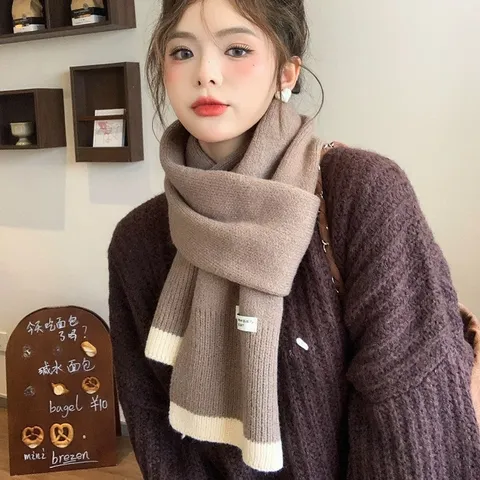 Women Winter Warm Contrast Color Polyester Knitted Scarf Casual Soft Korean Style Fashion Daily Neck Scarf