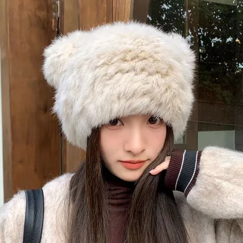 Women Winter Warm Plush Ear Flap Hat Cute Panda Animal Ear Design Thickened Soft Faux Fur Daily Outdoor Beanie Cap
