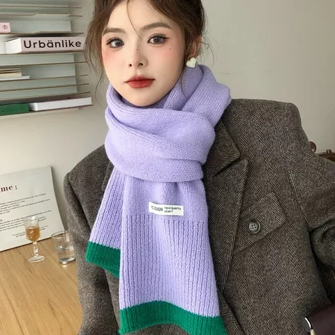 Women Winter Warm Contrast Color Polyester Knitted Scarf Casual Soft Korean Style Fashion Daily Neck Scarf