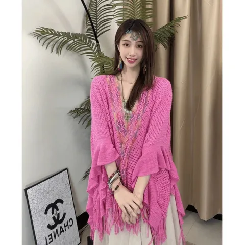 Women's Ethnic Style Hollow Color Strip Ruffle Tassel Knit Shawl Travel Cloak Outerwear Blended Fabric Fashion Poncho
