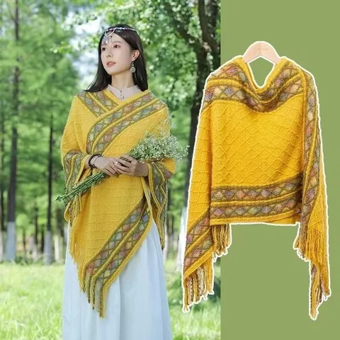 Women's Casual Fringe Shawl Cloak Ethnic Geometric Pattern Open Front Knit Outerwear Vacation Travel Warm Poncho Wrap