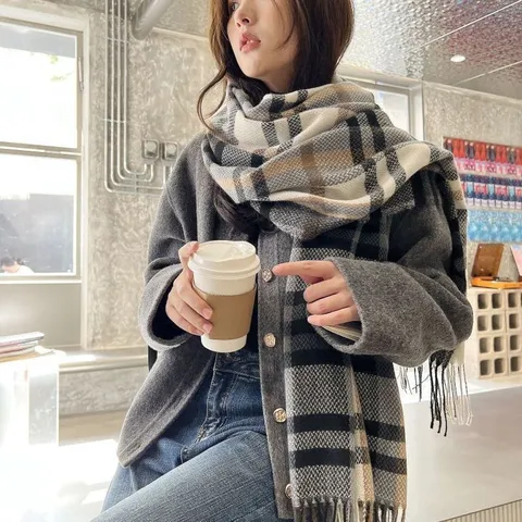 Winter Warm Imitatie Kasjmir Sjaal Klassieke Ruit Kwast Lange Sjaal Zacht Casual Verdikte Neksjaal Voor Dames