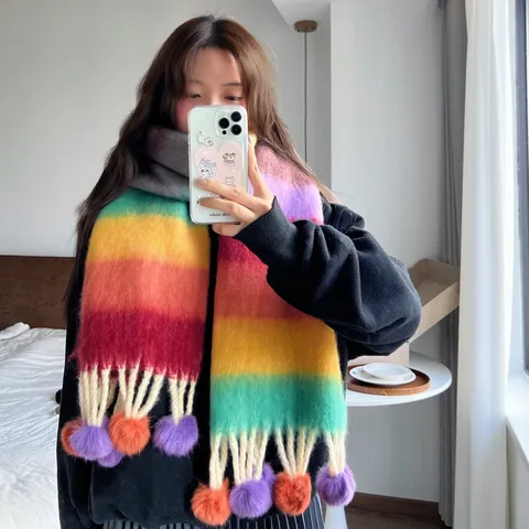 Bufanda de Invierno para Mujer de Color Degradado Cálida Pompones Borlas Suave Moda Larga