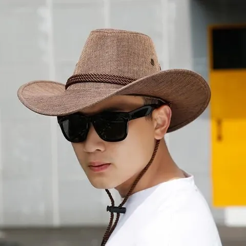 Men Western Cowboy Straw Hat Summer Outdoor Beach Sun Protection Breathable Linen Fedora Hat For Fishing