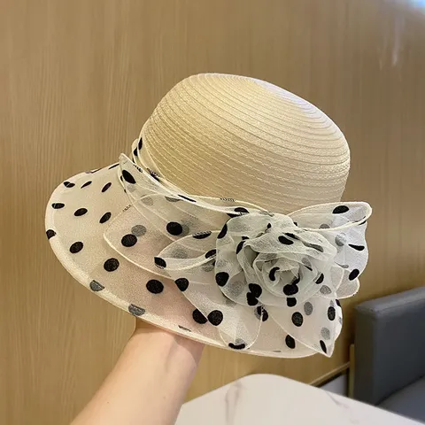 Women Summer Breathable Cotton Polyester Bucket Hat Elegant Floral Polka Dot Mesh Sun Hat Casual Fashion Beach Hat