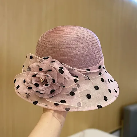 Women Summer Breathable Cotton Polyester Bucket Hat Elegant Floral Polka Dot Mesh Sun Hat Casual Fashion Beach Hat