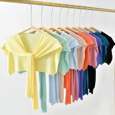 Women Summer Ice Silk Knitted Small Shawl Fashion Fake Collar Versatile Sun Protection Cape Casual Open Front Bolero