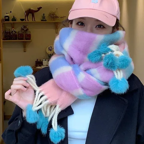 Bufanda de Invierno para Mujer de Color Degradado Cálida Pompones Borlas Suave Moda Larga