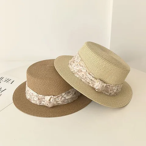 Damen Sommer Blumenband Strohhut Flacher Kopf Breite Krempe Sonne Strand Hut Casual Minimalistisch Urlaub Reise Kappe