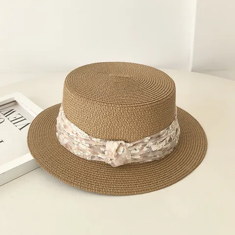 Damen Sommer Blumenband Strohhut Flacher Kopf Breite Krempe Sonne Strand Hut Casual Minimalistisch Urlaub Reise Kappe