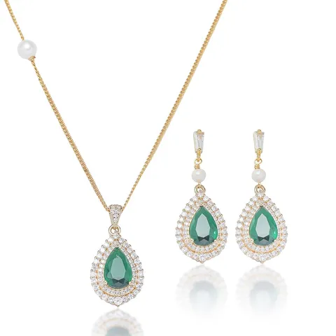 Vintage Titanium Steel Water Drop Jewelry Set With Artificial Pearl Emerald Green Rhinestone Necklace Earrings For Women