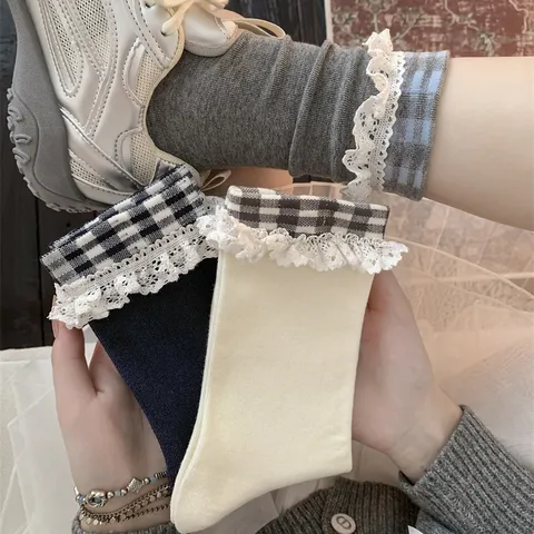 Chaussettes Mi-Bas en Coton Style Japonais pour Femmes Rétro Plaid Garniture en Dentelle Chaussettes Empilées Casual Mignon Mode Quotidien