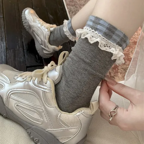 Chaussettes Mi-Bas en Coton Style Japonais pour Femmes Rétro Plaid Garniture en Dentelle Chaussettes Empilées Casual Mignon Mode Quotidien