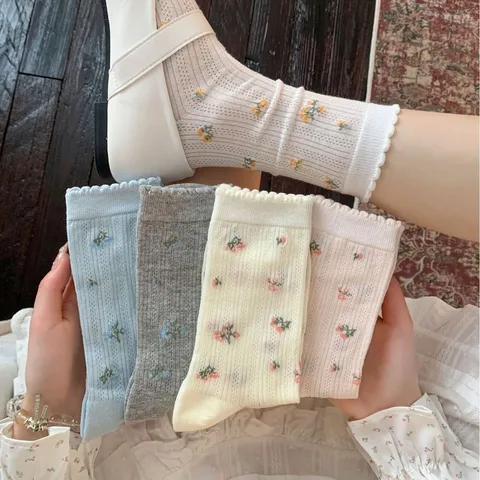 Calze a Metà Polpaccio a Rete Floreale Casual da Donna Dolci Volant Pizzo Carine Calze Slouch Cotone Traspiranti Primavera Estate
