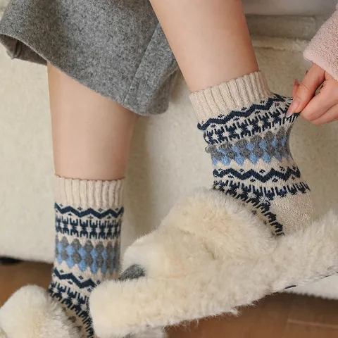 Calze da Donna in Misto Lana Fair Isle Retrò Calze Slouch Invernali Calde e Spesse con Motivo Geometrico Etnico