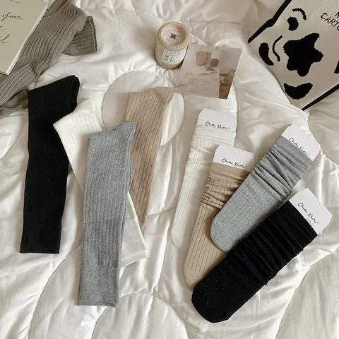 Women Fall Winter Solid Color Ribbed Knit Calf High Socks Fashion Casual Cotton Long Stockings Daily Wear