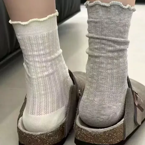 Calzini Slouch a Metà Polpaccio in Cotone da Donna con Finitura in Pizzo Maglia Traforata Stile Ins Dolce Casual Traspirante alla Moda