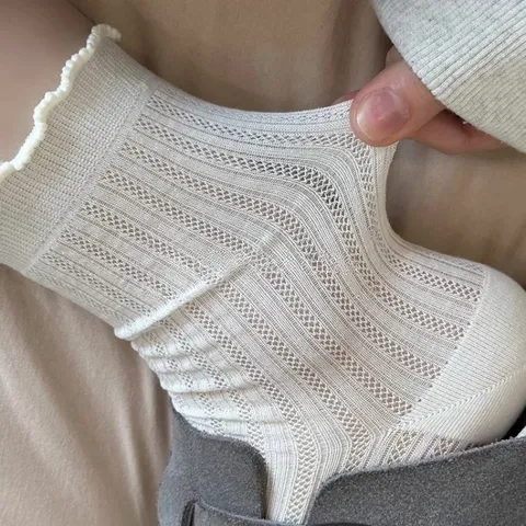 Calzini Slouch a Metà Polpaccio in Cotone da Donna con Finitura in Pizzo Maglia Traforata Stile Ins Dolce Casual Traspirante alla Moda