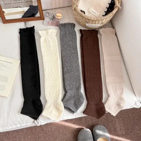 Women Winter Warm Cotton Blend Stirrup Socks Leg Warmers Embossed Hollow Out Lace Trim Thermal Boot Socks