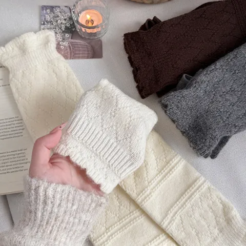 Women Winter Warm Cotton Blend Stirrup Socks Leg Warmers Embossed Hollow Out Lace Trim Thermal Boot Socks