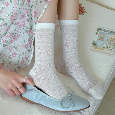 Calzini in Pizzo con Fiocco in Cotone da Donna Traspirante Rete Casual A Metà Polpaccio Stile Giapponese Moda