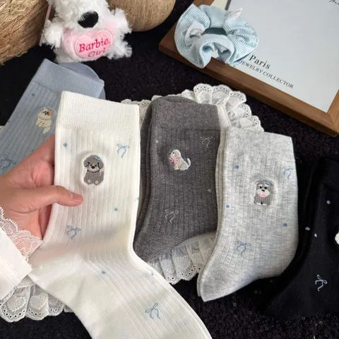 Calze al Polpaccio con Ricamo Cucciolo Carino da Donna Stile Giapponese Fiocco Cartoon Cotone Casual Traspirante