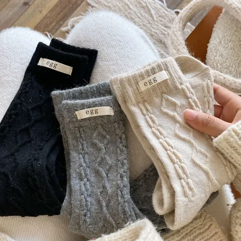 Calze a Metà Polpaccio Inspessite in Misto Lana di Coniglio da Donna Stile Coreano Maglia Treccia Calde Invernali con Etichetta